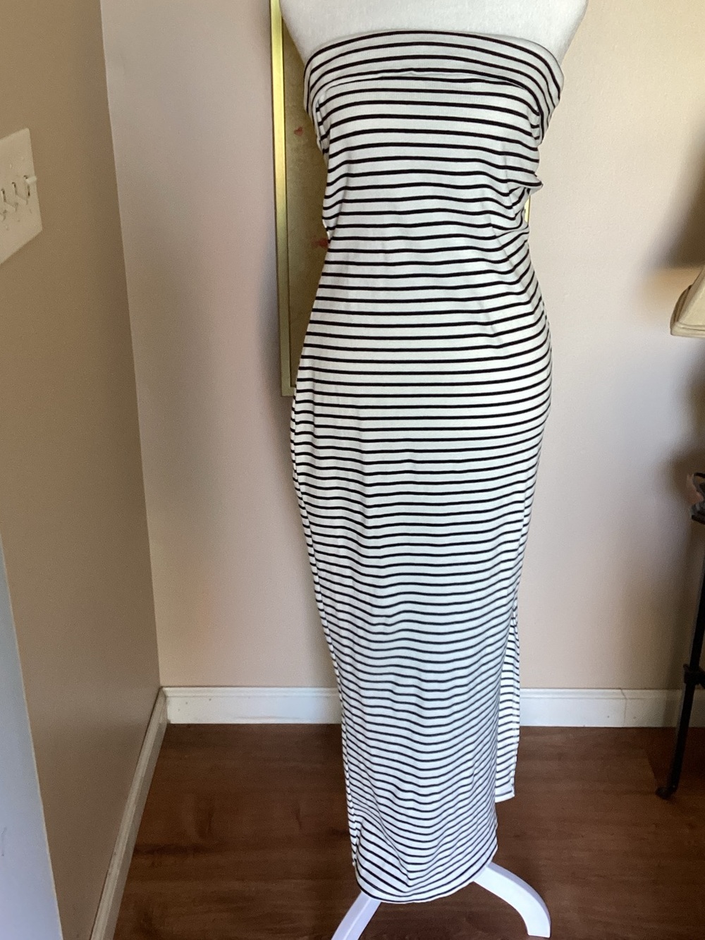 Striped Black and White Strapless Maxi Dress